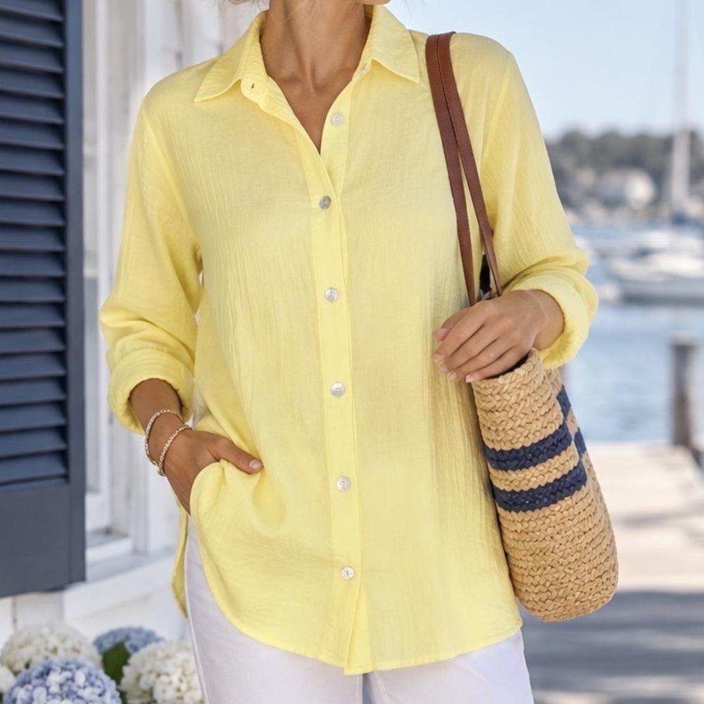 Soft Surroundings Yellow Cotton Gauze Button Down Tunic Shirt Small D3
